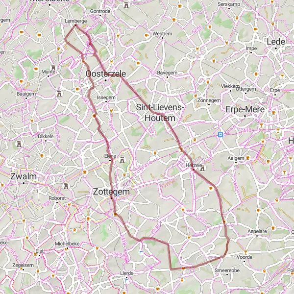 Map miniature of "Hills and Valleys" cycling inspiration in Prov. Oost-Vlaanderen, Belgium. Generated by Tarmacs.app cycling route planner