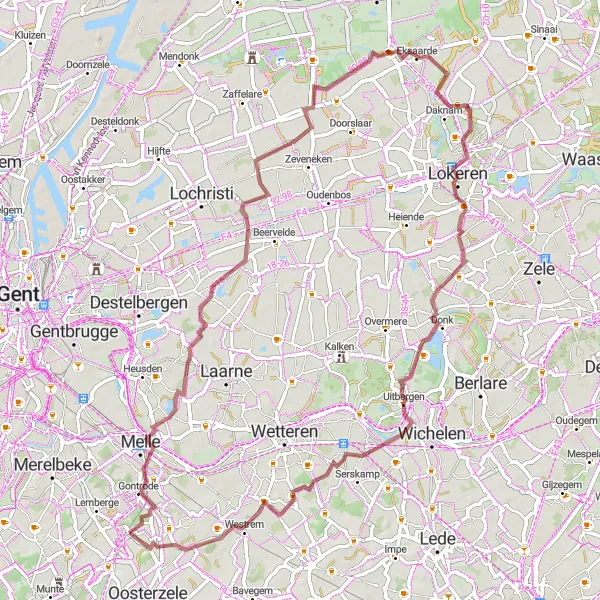Miniature de la carte de l'inspiration cycliste "Sentiers Naturels et Villages Pittoresques" dans la Prov. Oost-Vlaanderen, Belgium. Générée par le planificateur d'itinéraire cycliste Tarmacs.app
