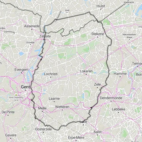 Miniatuurkaart van de fietsinspiratie "Panoramische fietsroute door Oost-Vlaanderen" in Prov. Oost-Vlaanderen, Belgium. Gemaakt door de Tarmacs.app fietsrouteplanner