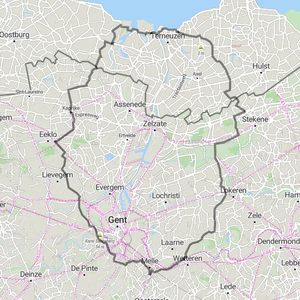 Map miniature of "The Historic Route" cycling inspiration in Prov. Oost-Vlaanderen, Belgium. Generated by Tarmacs.app cycling route planner