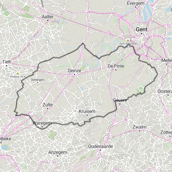 Miniatuurkaart van de fietsinspiratie "Pittoreske wegfietsroute" in Prov. Oost-Vlaanderen, Belgium. Gemaakt door de Tarmacs.app fietsrouteplanner