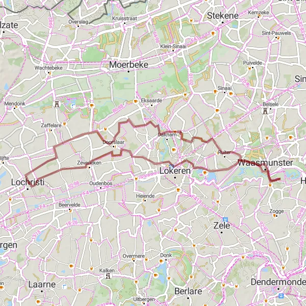 Map miniature of "Mont Henri and Molenstenen Gravel Ride" cycling inspiration in Prov. Oost-Vlaanderen, Belgium. Generated by Tarmacs.app cycling route planner