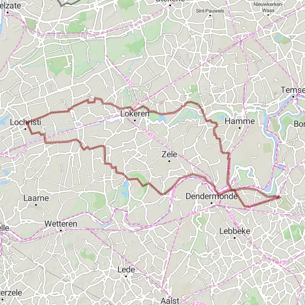 Karten-Miniaturansicht der Radinspiration "Abenteuerliche Fahrt von Lochristi nach Donk" in Prov. Oost-Vlaanderen, Belgium. Erstellt vom Tarmacs.app-Routenplaner für Radtouren