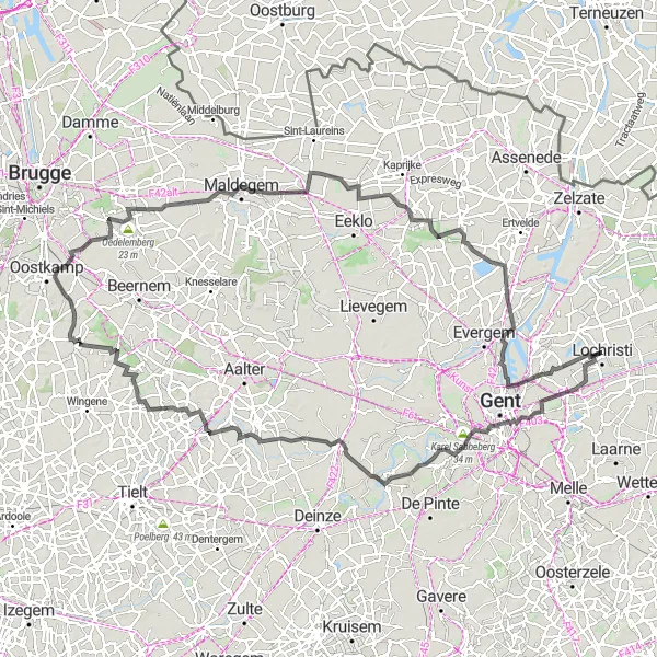 Map miniature of "Challenging Road Cycling Route" cycling inspiration in Prov. Oost-Vlaanderen, Belgium. Generated by Tarmacs.app cycling route planner