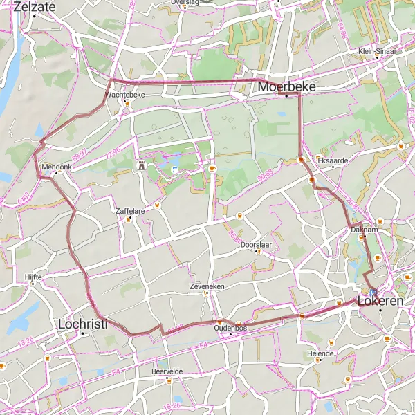 Miniatuurkaart van de fietsinspiratie "Gravelroute Lokeren-Mendonk-Daknam" in Prov. Oost-Vlaanderen, Belgium. Gemaakt door de Tarmacs.app fietsrouteplanner
