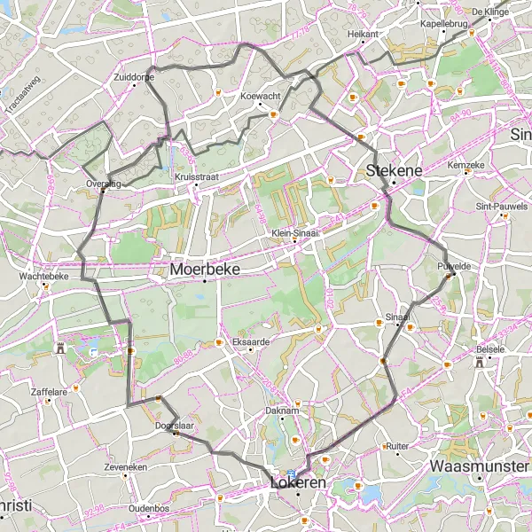 Miniatuurkaart van de fietsinspiratie "Rondje Mont Henri en Puivelde" in Prov. Oost-Vlaanderen, Belgium. Gemaakt door de Tarmacs.app fietsrouteplanner