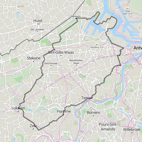 Miniature de la carte de l'inspiration cycliste "Circuit des Polders de l'Escaut" dans la Prov. Oost-Vlaanderen, Belgium. Générée par le planificateur d'itinéraire cycliste Tarmacs.app