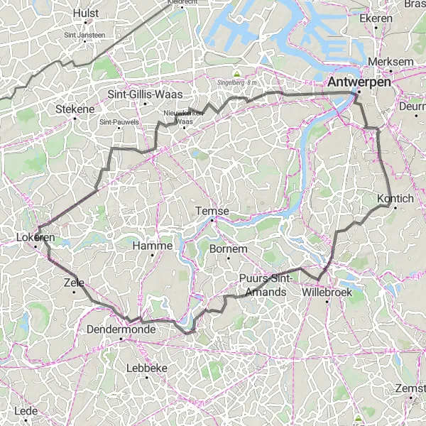 Miniatuurkaart van de fietsinspiratie "Wegroute naar Zele en Skyline" in Prov. Oost-Vlaanderen, Belgium. Gemaakt door de Tarmacs.app fietsrouteplanner