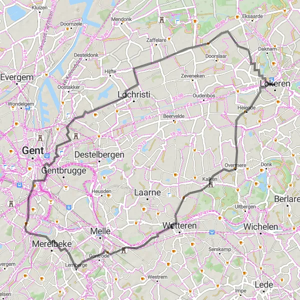 Map miniature of "Road Cycling Route: Lokeren to Calaigne" cycling inspiration in Prov. Oost-Vlaanderen, Belgium. Generated by Tarmacs.app cycling route planner