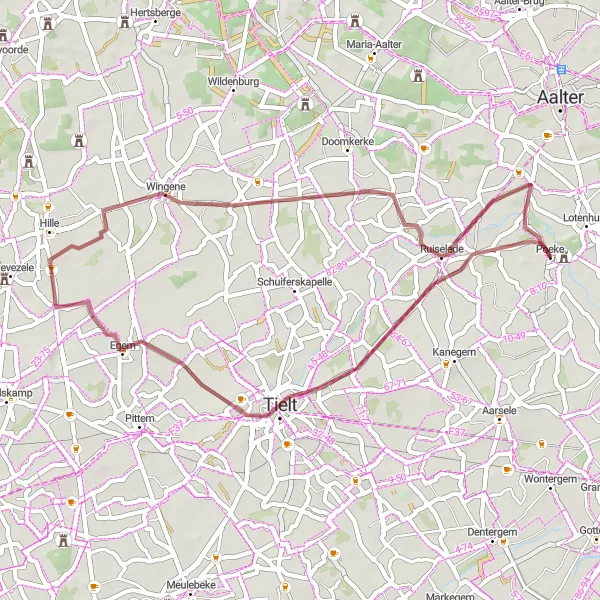 Miniatuurkaart van de fietsinspiratie "Gravelroute rond Tielt en Ruiselede" in Prov. Oost-Vlaanderen, Belgium. Gemaakt door de Tarmacs.app fietsrouteplanner