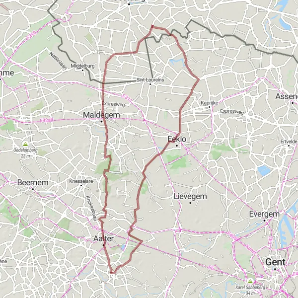 Miniature de la carte de l'inspiration cycliste "Les Collines de Maldegem" dans la Prov. Oost-Vlaanderen, Belgium. Générée par le planificateur d'itinéraire cycliste Tarmacs.app