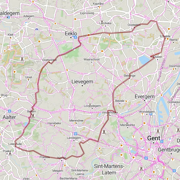 Map miniature of "Oostwinkel Gravel Loop" cycling inspiration in Prov. Oost-Vlaanderen, Belgium. Generated by Tarmacs.app cycling route planner