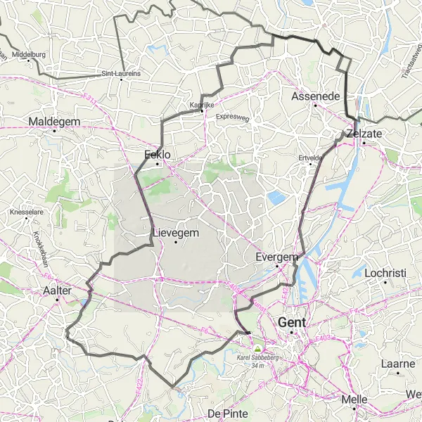 Miniatuurkaart van de fietsinspiratie "Lotenhulle naar Sint-Martens-Leerne" in Prov. Oost-Vlaanderen, Belgium. Gemaakt door de Tarmacs.app fietsrouteplanner