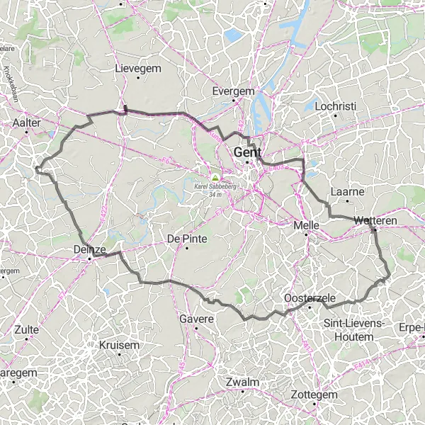 Map miniature of "The Rolling Hills Tour" cycling inspiration in Prov. Oost-Vlaanderen, Belgium. Generated by Tarmacs.app cycling route planner