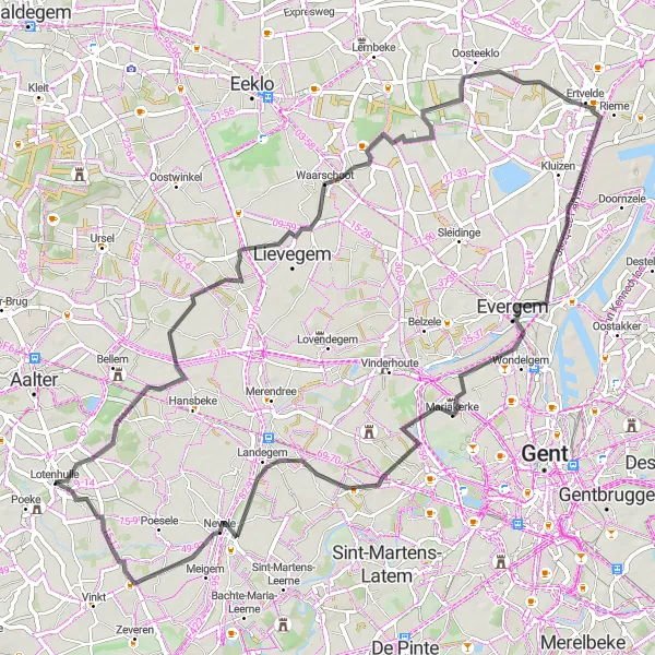 Map miniature of "Waarschoot Road Loop" cycling inspiration in Prov. Oost-Vlaanderen, Belgium. Generated by Tarmacs.app cycling route planner