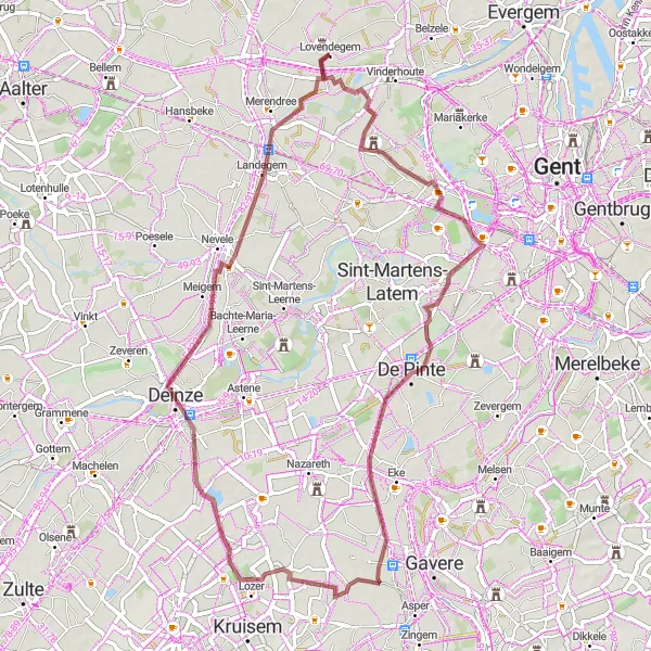 Miniatuurkaart van de fietsinspiratie "Gravelroute rond Lovendegem" in Prov. Oost-Vlaanderen, Belgium. Gemaakt door de Tarmacs.app fietsrouteplanner