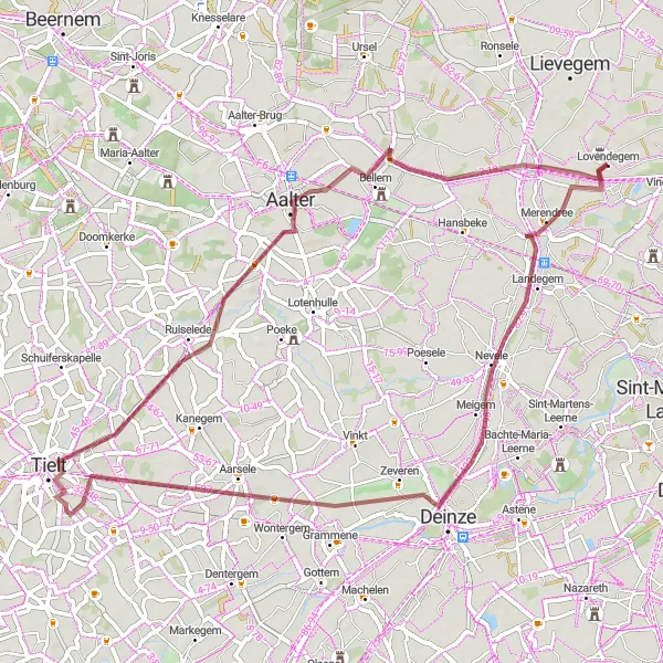 Map miniature of "Merendree - Nevele - Deinze Gravel Route" cycling inspiration in Prov. Oost-Vlaanderen, Belgium. Generated by Tarmacs.app cycling route planner