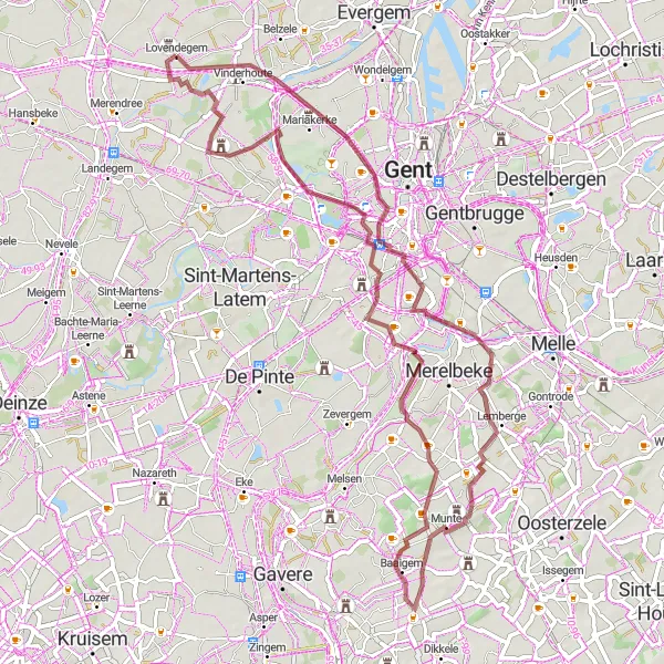 Map miniature of "Kasteel Van Tieghem de ten Berghe - De Campagne - Kasteel van Lovendegem Gravel Route" cycling inspiration in Prov. Oost-Vlaanderen, Belgium. Generated by Tarmacs.app cycling route planner