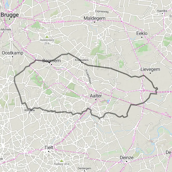 Miniatuurkaart van de fietsinspiratie "Rondrit Lovendegem - Beernem" in Prov. Oost-Vlaanderen, Belgium. Gemaakt door de Tarmacs.app fietsrouteplanner