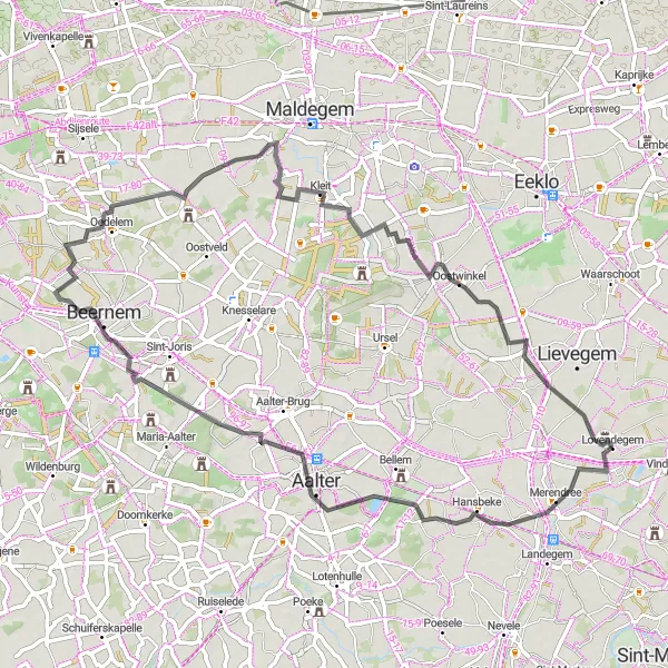 Map miniature of "Lovendegem to Merendree Circuit" cycling inspiration in Prov. Oost-Vlaanderen, Belgium. Generated by Tarmacs.app cycling route planner