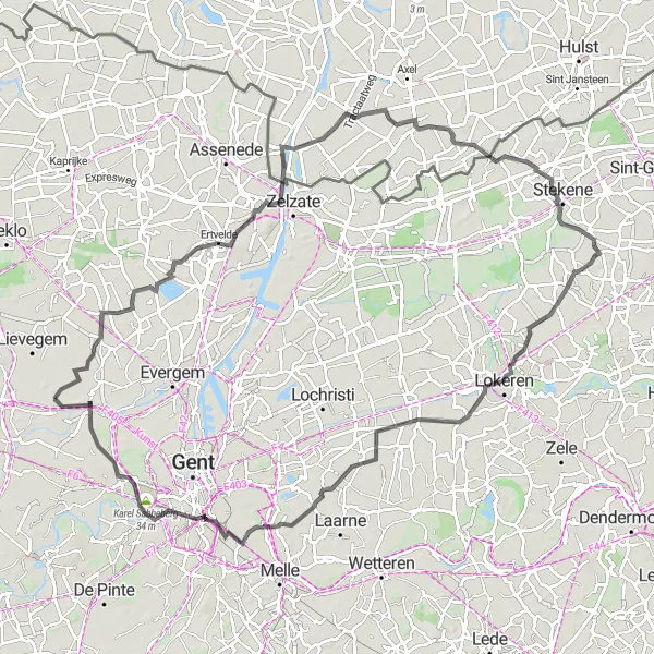Miniature de la carte de l'inspiration cycliste "Promenade à vélo vers Puivelde" dans la Prov. Oost-Vlaanderen, Belgium. Générée par le planificateur d'itinéraire cycliste Tarmacs.app
