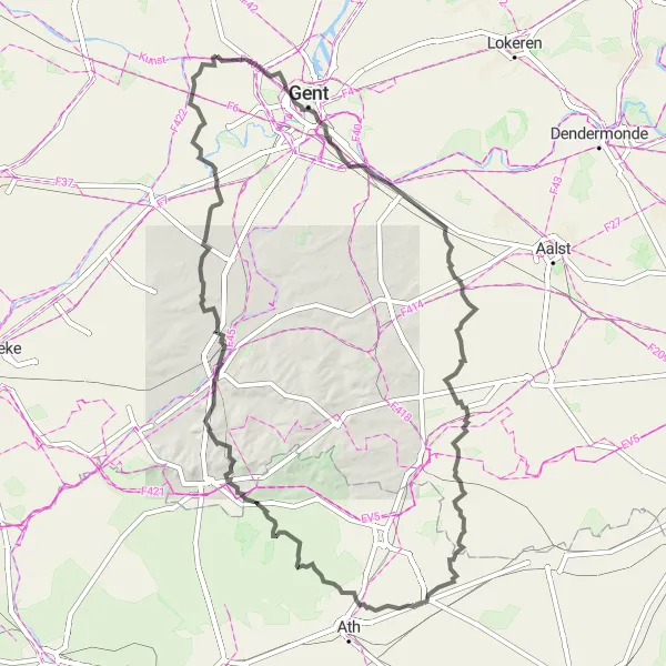 Map miniature of "Lovendegem to Arbre Saint Pierre Cycling Route" cycling inspiration in Prov. Oost-Vlaanderen, Belgium. Generated by Tarmacs.app cycling route planner