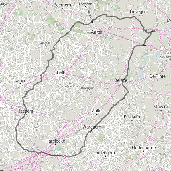 Miniature de la carte de l'inspiration cycliste "Le Circuit Pittoresque de Vosselare à Lovendegem" dans la Prov. Oost-Vlaanderen, Belgium. Générée par le planificateur d'itinéraire cycliste Tarmacs.app