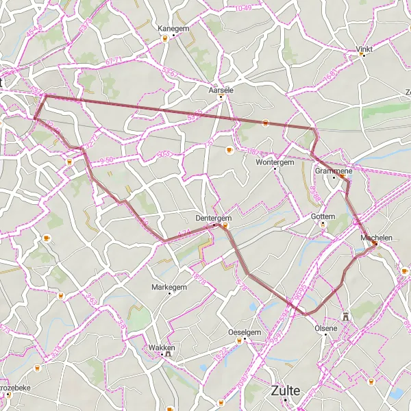 Map miniature of "Dentergem Gravel Loop" cycling inspiration in Prov. Oost-Vlaanderen, Belgium. Generated by Tarmacs.app cycling route planner