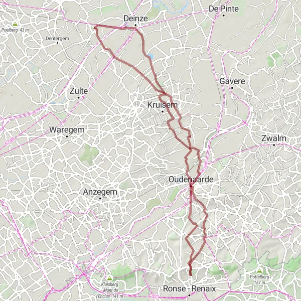 Miniature de la carte de l'inspiration cycliste "Parcours en gravier à couper le souffle dans les environs de Machelen-aan-de-Leie" dans la Prov. Oost-Vlaanderen, Belgium. Générée par le planificateur d'itinéraire cycliste Tarmacs.app