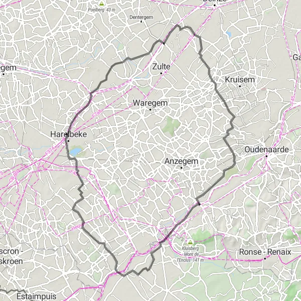 Miniatuurkaart van de fietsinspiratie "Rondrit via Kruishoutem en Zwevegem" in Prov. Oost-Vlaanderen, Belgium. Gemaakt door de Tarmacs.app fietsrouteplanner