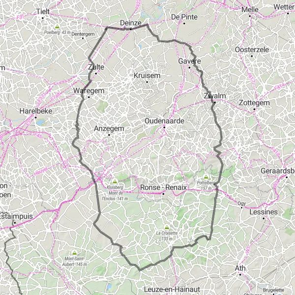 Karten-Miniaturansicht der Radinspiration "Über Hügel und Täler bis nach Vichte" in Prov. Oost-Vlaanderen, Belgium. Erstellt vom Tarmacs.app-Routenplaner für Radtouren