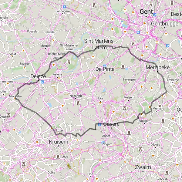 Map miniature of "Leerne to Machelen: Exploring Flanders By Road" cycling inspiration in Prov. Oost-Vlaanderen, Belgium. Generated by Tarmacs.app cycling route planner