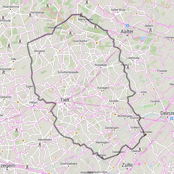 Map miniature of "Machelen-aan-de-Leie to Grammene Road Loop" cycling inspiration in Prov. Oost-Vlaanderen, Belgium. Generated by Tarmacs.app cycling route planner