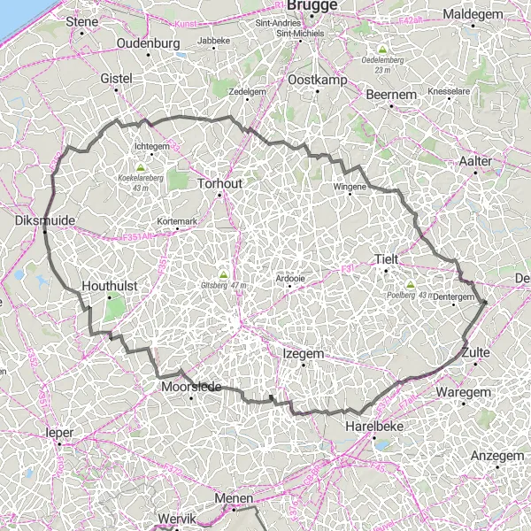 Map miniature of "Machelen-aan-de-Leie Road Cycling Loop" cycling inspiration in Prov. Oost-Vlaanderen, Belgium. Generated by Tarmacs.app cycling route planner