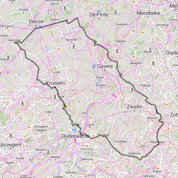 Miniatuurkaart van de fietsinspiratie "Machelen-aan-de-Leie en omgeving" in Prov. Oost-Vlaanderen, Belgium. Gemaakt door de Tarmacs.app fietsrouteplanner