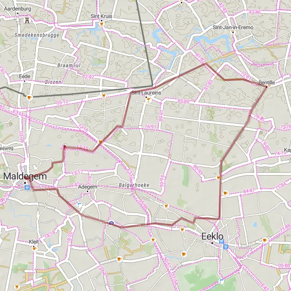 Miniatuurkaart van de fietsinspiratie "Gravelroute vanuit Maldegem" in Prov. Oost-Vlaanderen, Belgium. Gemaakt door de Tarmacs.app fietsrouteplanner