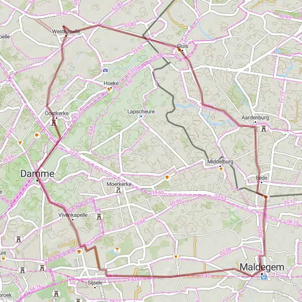 Miniature de la carte de l'inspiration cycliste "Parcours de vélo en gravier autour de Maldegem" dans la Prov. Oost-Vlaanderen, Belgium. Générée par le planificateur d'itinéraire cycliste Tarmacs.app