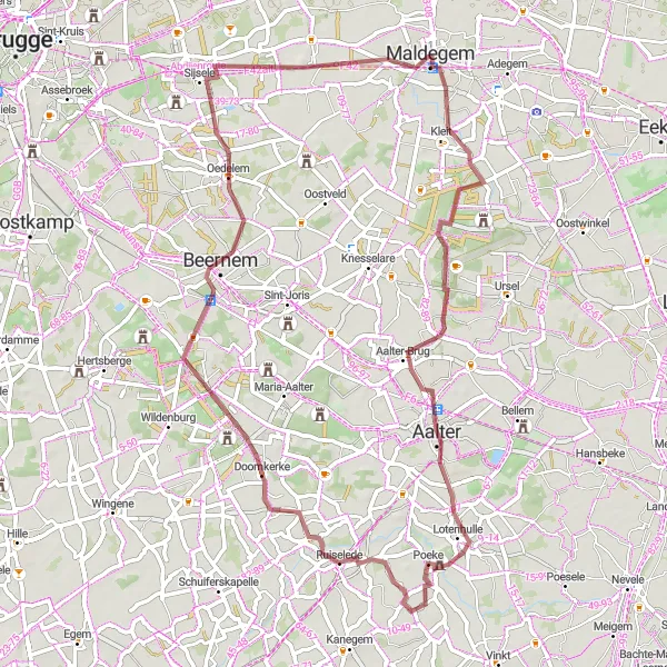 Miniature de la carte de l'inspiration cycliste "La Boucle de Maldegemveld" dans la Prov. Oost-Vlaanderen, Belgium. Générée par le planificateur d'itinéraire cycliste Tarmacs.app