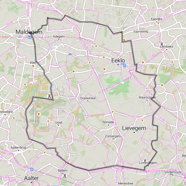 Karten-Miniaturansicht der Radinspiration "Rundweg Maldegem-Waarschoot-Lovendegem-Uitkijkheuvel Maldegemveld-Sint-Annakasteel" in Prov. Oost-Vlaanderen, Belgium. Erstellt vom Tarmacs.app-Routenplaner für Radtouren