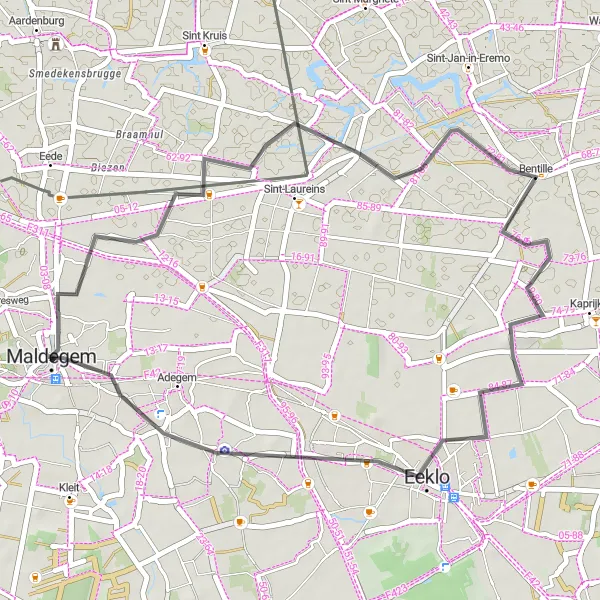 Miniatuurkaart van de fietsinspiratie "Maldegemse Gravel Avontuur" in Prov. Oost-Vlaanderen, Belgium. Gemaakt door de Tarmacs.app fietsrouteplanner