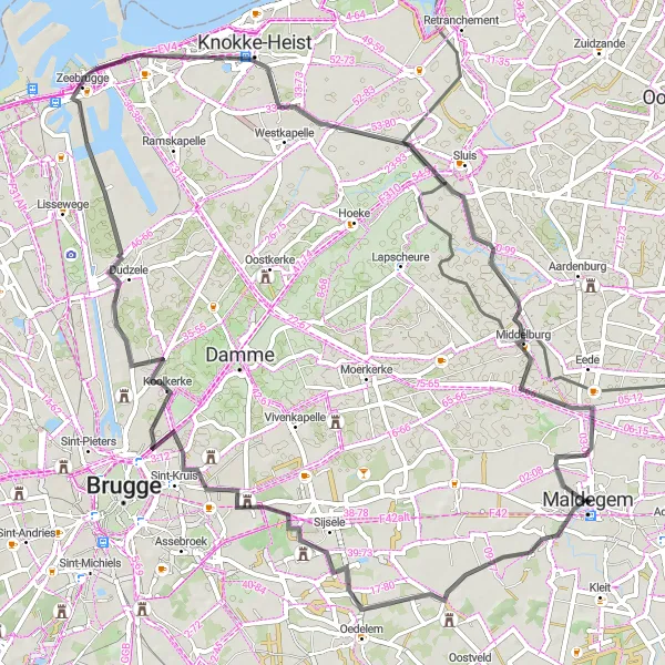 Map miniature of "The Coastal Trail" cycling inspiration in Prov. Oost-Vlaanderen, Belgium. Generated by Tarmacs.app cycling route planner