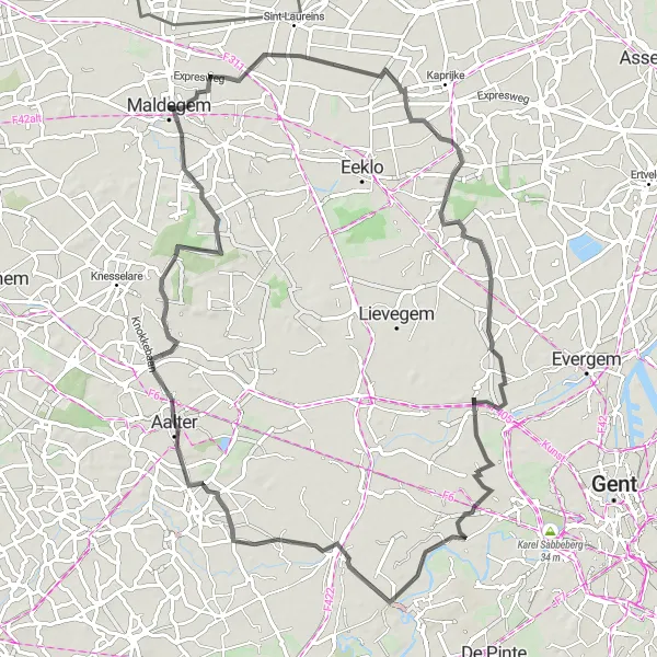 Map miniature of "Castles and Countryside" cycling inspiration in Prov. Oost-Vlaanderen, Belgium. Generated by Tarmacs.app cycling route planner