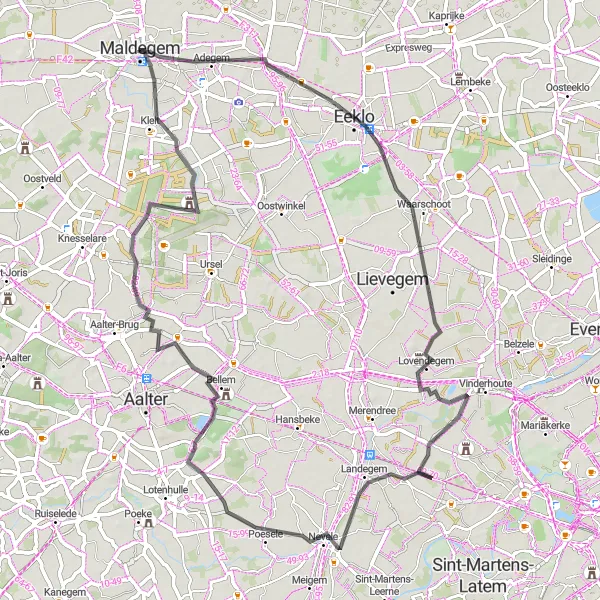 Map miniature of "Maldegem and Nevele Road Adventure" cycling inspiration in Prov. Oost-Vlaanderen, Belgium. Generated by Tarmacs.app cycling route planner