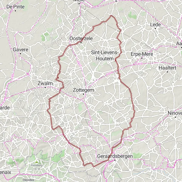 Map miniature of "Woubrechtegem - Everbeek - Parikeberg - Leberg - Van Themsche molen - Scheldewindeke - Westrem" cycling inspiration in Prov. Oost-Vlaanderen, Belgium. Generated by Tarmacs.app cycling route planner