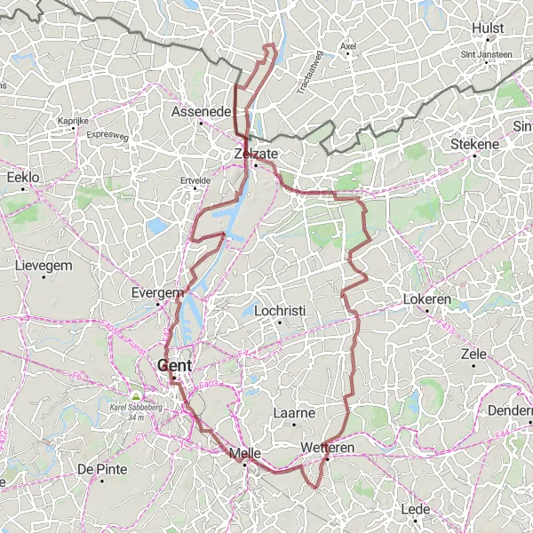 Map miniature of "Melle - Castle of the Counts - Langerbrugge - Waterkorenmolen - Zelzate - Doorslaar - Wetteren" cycling inspiration in Prov. Oost-Vlaanderen, Belgium. Generated by Tarmacs.app cycling route planner