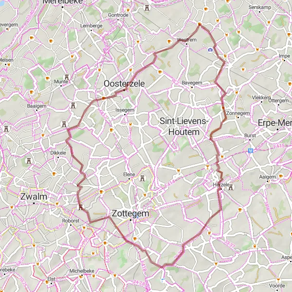 Karten-Miniaturansicht der Radinspiration "Herzele Erkundung" in Prov. Oost-Vlaanderen, Belgium. Erstellt vom Tarmacs.app-Routenplaner für Radtouren