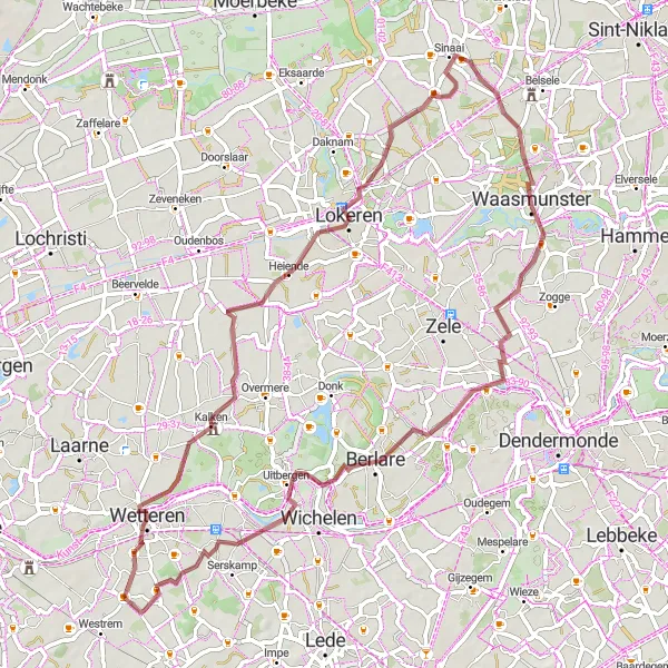 Map miniature of "Wetteren - Lokeren - Mont Henri - Waasmunster - Berlare - Bruinbeke" cycling inspiration in Prov. Oost-Vlaanderen, Belgium. Generated by Tarmacs.app cycling route planner