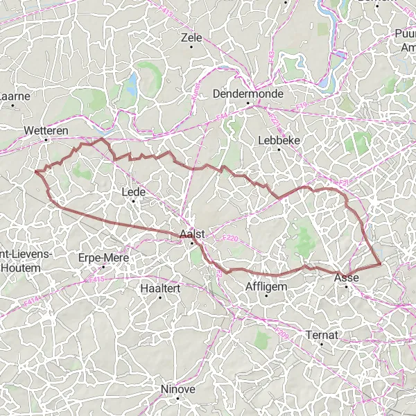 Map miniature of "Bruinbeke - Wieze - Opwijk - Mollem - Putberg - Aalst - Oordegem" cycling inspiration in Prov. Oost-Vlaanderen, Belgium. Generated by Tarmacs.app cycling route planner