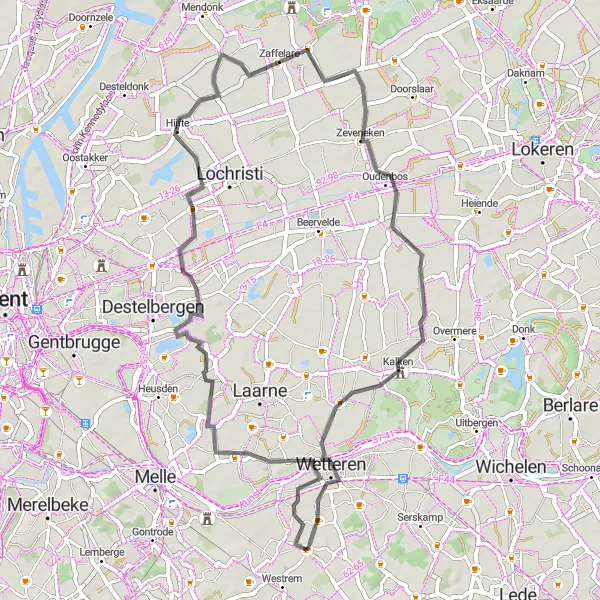 Map miniature of "Hijfte - Zaffelare - Kalken - Massemen" cycling inspiration in Prov. Oost-Vlaanderen, Belgium. Generated by Tarmacs.app cycling route planner