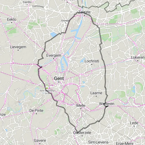 Map miniature of "The Merelbeke Route" cycling inspiration in Prov. Oost-Vlaanderen, Belgium. Generated by Tarmacs.app cycling route planner